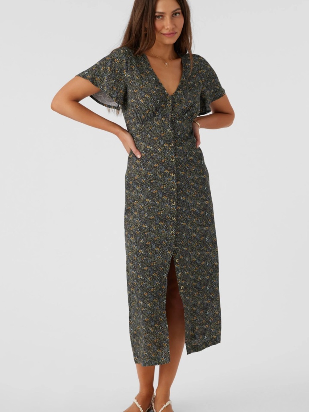 O'Neill Dark Olive Floral Button-Front Midi Dress